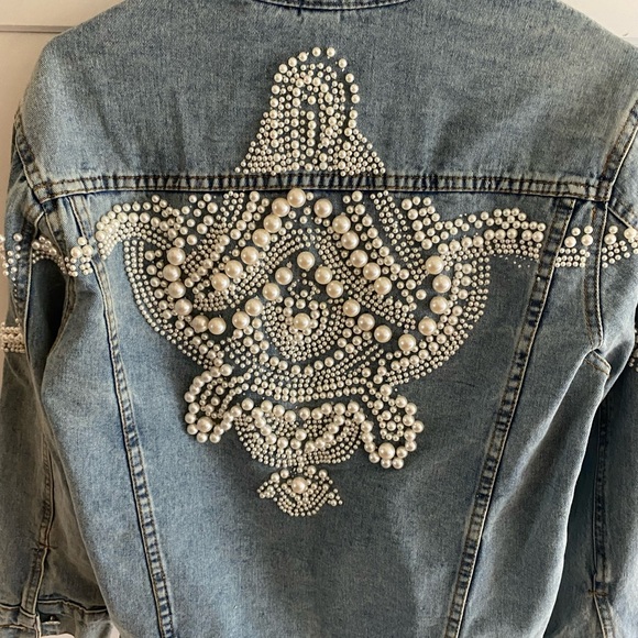 Blue Eriko Pearl Beaded Denim Button Jacket M - Picture 8 of 8